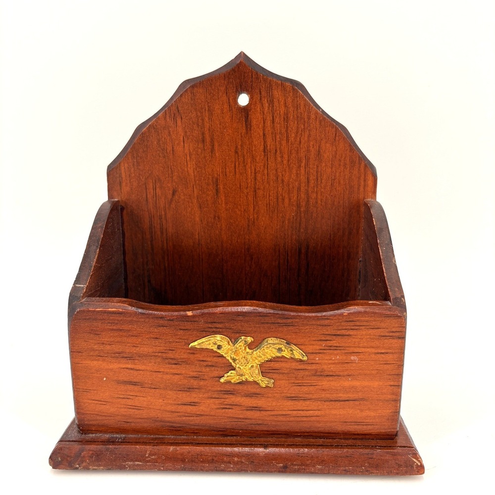 VINTAGE Wood Desk Organizer Letter Holder Recipe Box Americana Eagle Emblem